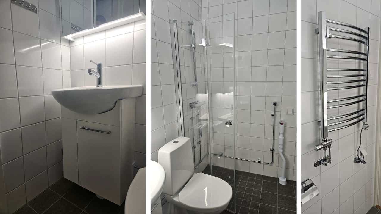 Så ser ett av de nyrenoverade badrummen ut i det första trapphus som vi renoverade.